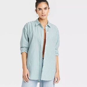 Universal Thread Green White Striped Oversized Button Up Shirt Small